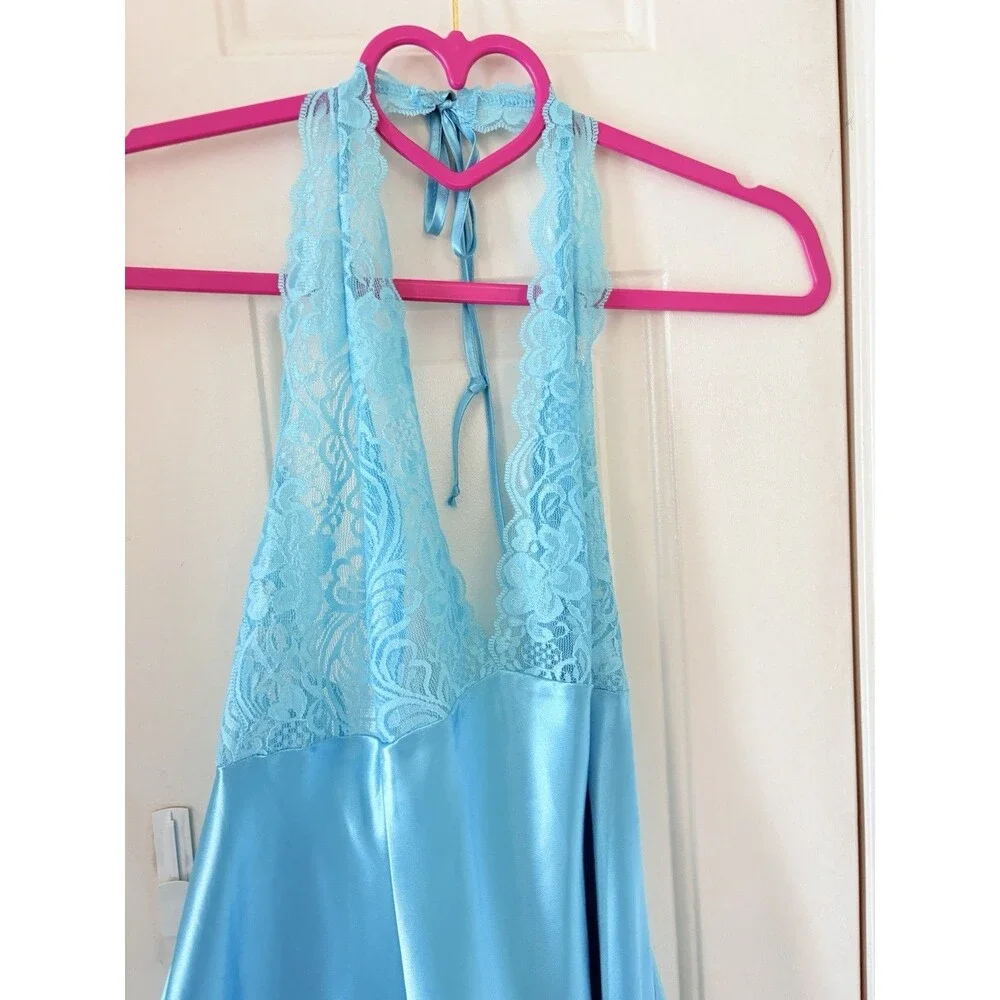VTG Frederick’s of Hollywood Blue Satin Lace Dress Lingerie Size L Sexy Backless - Picture 10 of 11